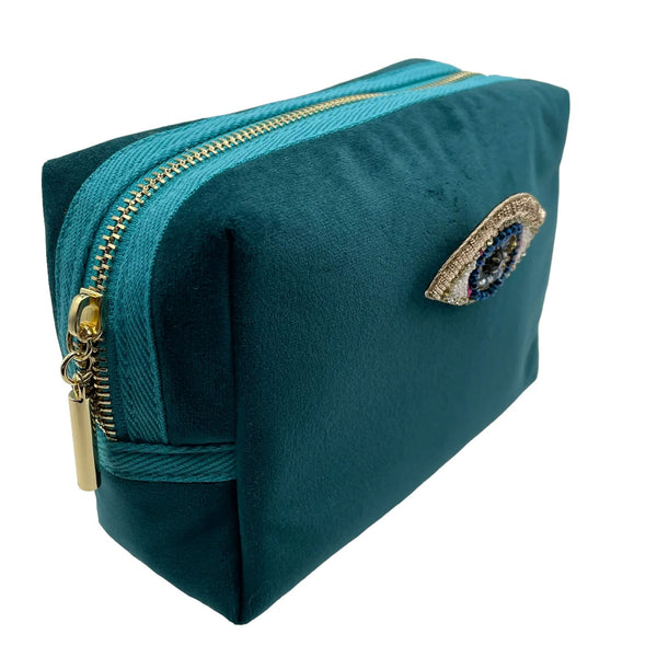 Makeup Bag Large Velvet- Teal with Turquoise Zip/Evil Eye
