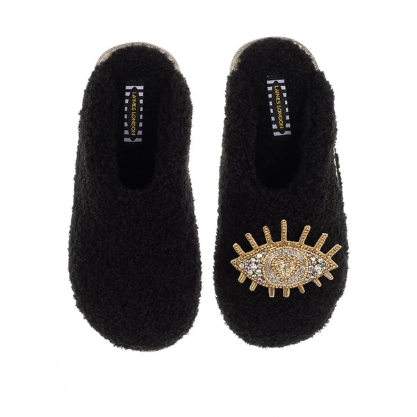 Teddy Towelling Closed Toe Sliders - Black with Gold/Silver Eye Brooch