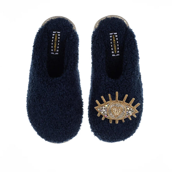 Teddy Towelling Closed Toe Sliders - Navy with Gold/Silver Eye Brooch
