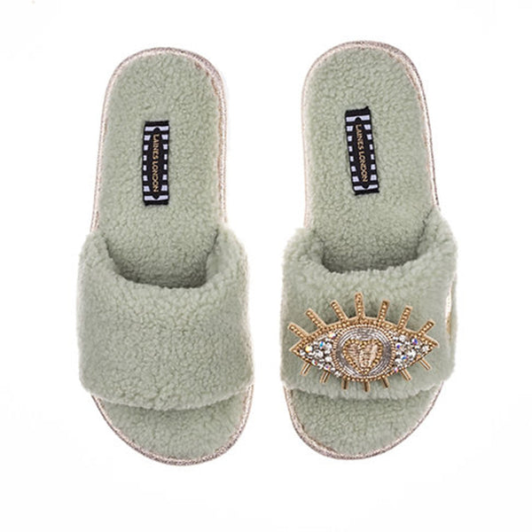 Teddy Towelling Sliders - Sage Green with Gold Eye Brooch