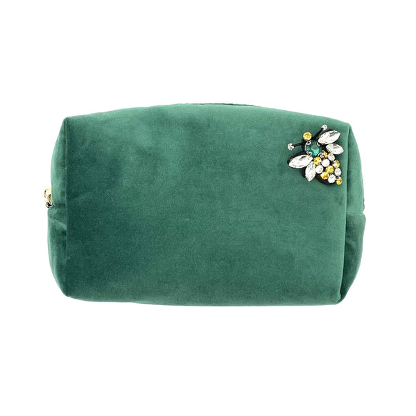 Makeup Bag Large Velvet- Green With Blue Zip